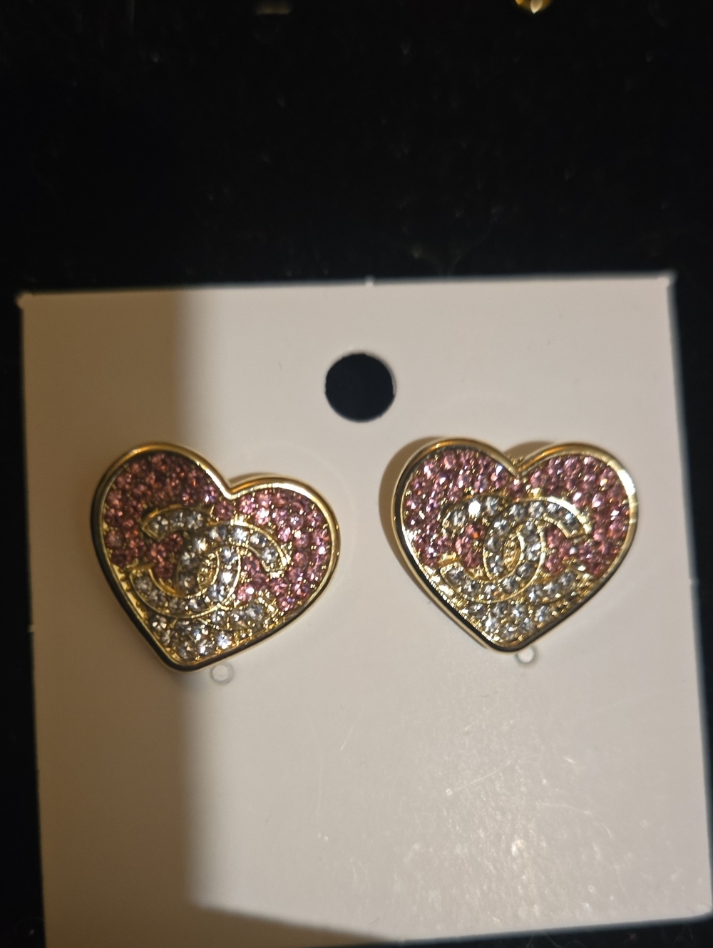 Heart Crystal Stud Earrings in Pink and Gold Ombre Double C Designer Style